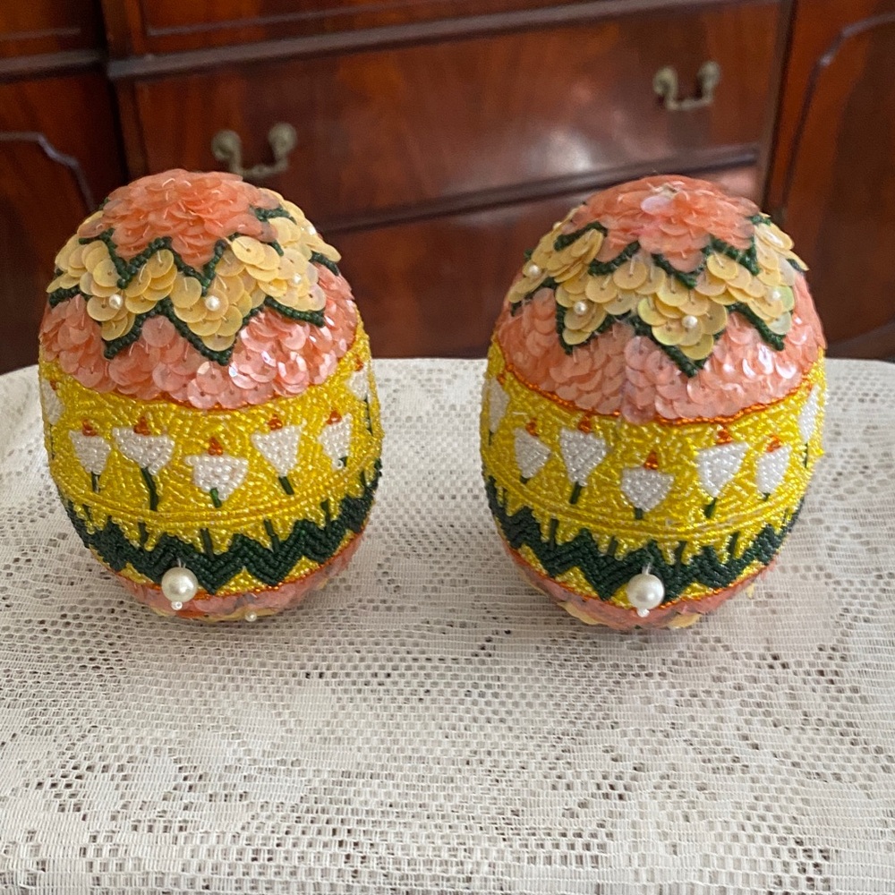 Beaded Sequin Easter Egg Ornaments in Peach and Yellow